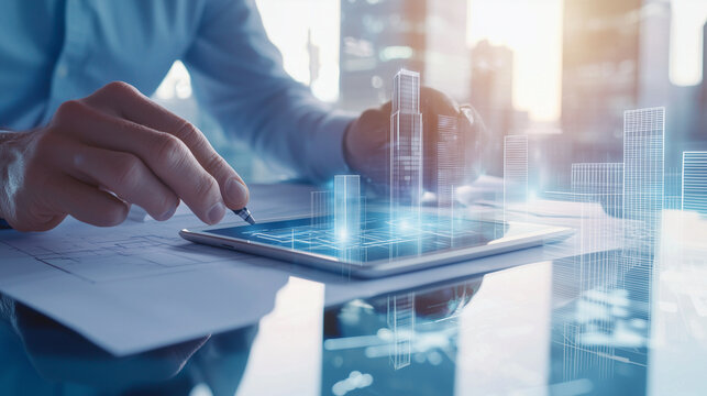 Architects collaborating on blueprint and 3D model in modern office