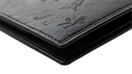 A close-up shot of a black leather wallet featuring an embossed design and subtle branding, showcasing its texture.