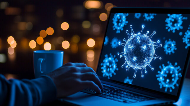 Nighttime Programmer Solving Networking Issues with Malware Overlay - Powered by Adobe