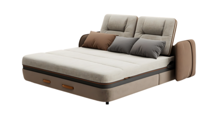 An opened beige sofa bed with two pillows and storage drawers is displayed against a black background.