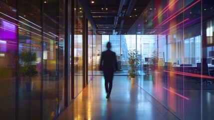 Fototapeta premium Businessman Walking Through a Modern Office Space with Colorful Lighting and Glass Walls