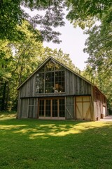 Obraz premium Modern wooden barn blends with nature in a serene forest setting during the daytime, showcasing its large windows and rustic charm amidst greenery