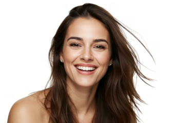 Happy young 30 year old european brunette woman model with long hair and brown isolated on White background