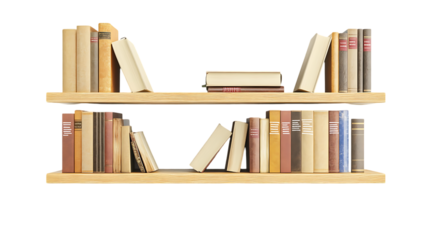 The image shows two wooden shelves filled with various old books, both standing and leaning, against an orange and black background.