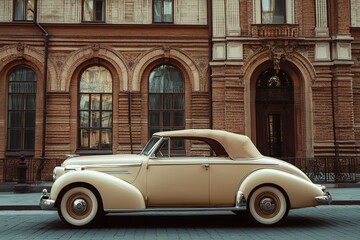 Vintage convertible car parked on a city street in front of an old brick building