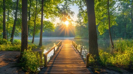 Obraz premium Serene sunrise over a tranquil lake, wooden bridge leading into the sunlit forest. Perfect for meditation, relaxation, and nature themes.