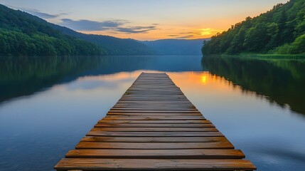 Naklejka premium Serene sunset over a calm lake with a wooden pier extending into the water. Tranquil landscape photography.