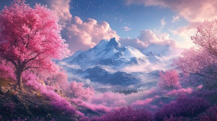 A serene landscape features vibrant pink trees, a majestic mountain backdrop, and a mystical sky filled with clouds, creating a dreamlike atmosphere.