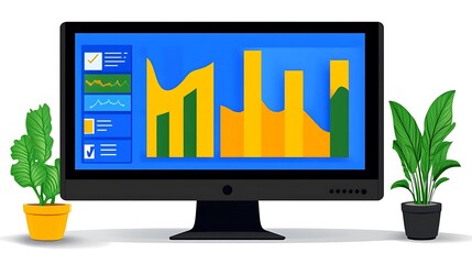 Computer screen displaying business graphs and charts.