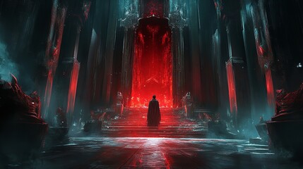 A lone figure stands before a crimson gateway in a dark, ethereal realm, bathed in contrasting red and teal light, a journey into the unknown.