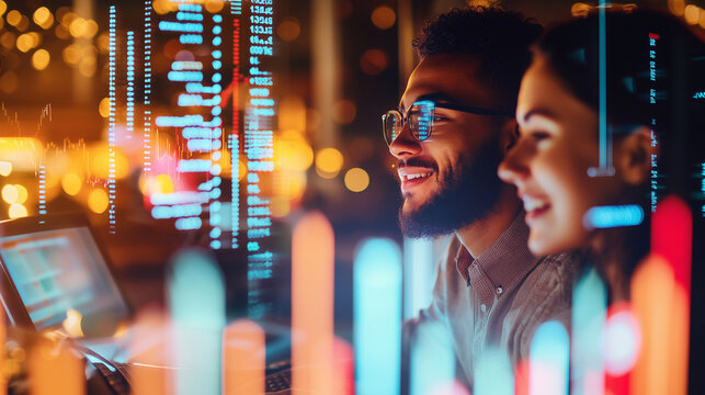 Young Developers Coding Late Night with Data Analytics Overlay