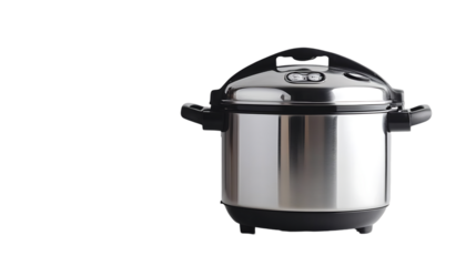 The image shows a stainless steel electric pressure cooker against a black background in a studio setting.