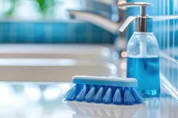Close up of a scrubbing brush and cleaning solution on a kitchen counter Generative AI
