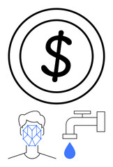 Large dollar coin symbolizing finance, head with facial recognition grid for tech security, faucet dripping water representing conservation. Ideal for finance, identity, water management, biometrics