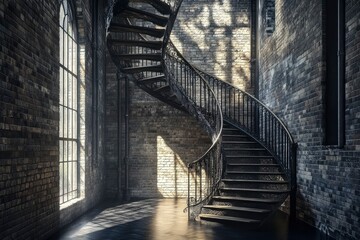 Sunlit Spiral Staircase in Historic Brick Building