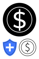 Large bold dollar sign in black circle alongside medical shield and outlined dollar icon. Ideal for money safety, finance, saving, investment, health insurance, economy, universal healthcare. Flat