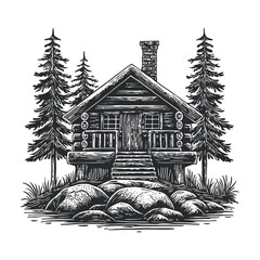 Detailed Woodcut Style Cabin Surrounded by Pine Trees and Rocks
