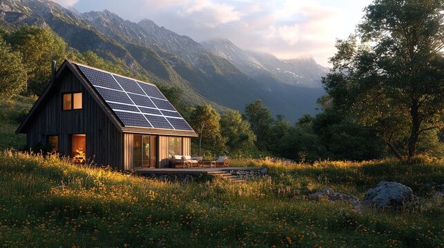 An off-grid cabin in the mountains, solar panels and a small garden, self-sufficient living 