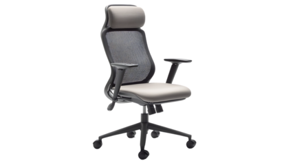 The image showcases an ergonomic office chair featuring a mesh back, adjustable headrest, and comfortable seating for optimal support.