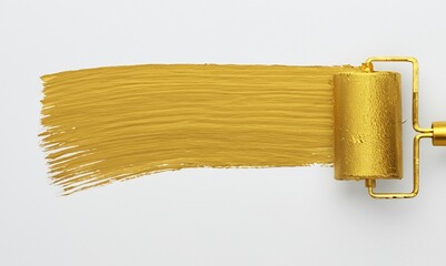Gold roller brush and brush strokes on a white wall. Gold brush strokes on a gold vibrant and textured art design. White wall with a yellow band on it. Copy space.