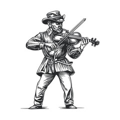 Obraz premium Vintage Woodcut of a Musician Playing Violin in Classic Attire