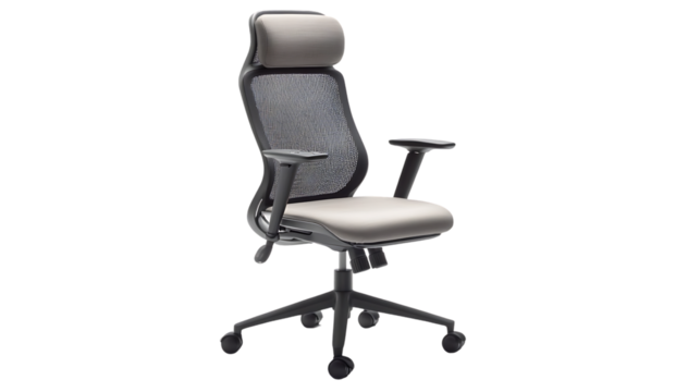 The image showcases an ergonomic office chair featuring a mesh back, adjustable headrest, and comfortable seating for optimal support.