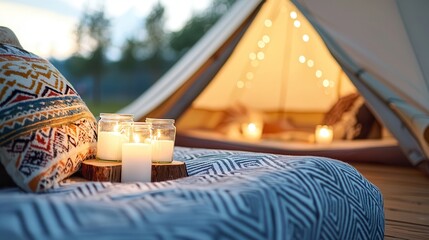 Luxury camping tent resort getaway. Cozy tent setup with candles and decorative pillows at dusk.