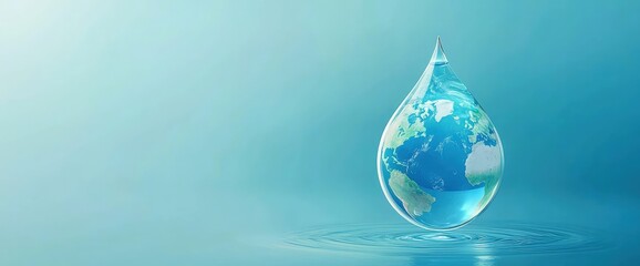 Fototapeta premium A crystal-clear water droplet encasing planet Earth floats above gentle ripples, symbolizing conservation, sustainability, and World Water Day. Ideal for eco-awareness campaigns