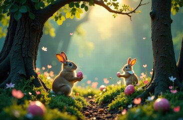 The magical forest on Easter morning, where the trees are decorated with multi -colored eggs, rabbits in costumes carry gifts, and luminous fairies fly in the ai