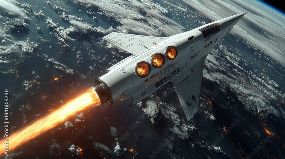 Poster A cutting edge spaceplane utilizing electromagnetic propulsion soars through the atmosphere, igniting powerful engines while leaving a fiery trail, showcasing aerospace innovation.