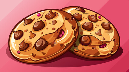 chocolate cookies against pink background, closeup of two cookies with chocolate chips displayed in neutral background. Ideal for bakery and food content