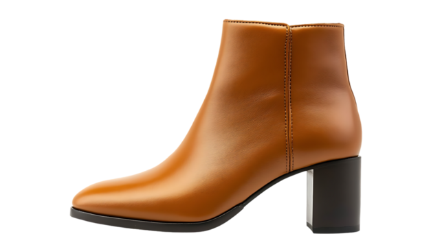 The image showcases a light brown leather ankle boot with a black block heel, stylishly isolated against a background.