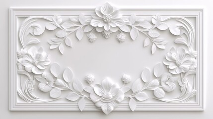 Elegant white floral relief design on a wall panel, showcasing intricate detailing and texture