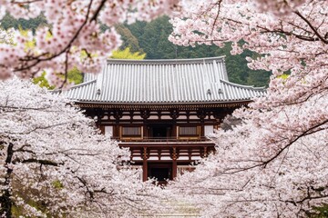 Stunning ancient temple embraced by blooming cherry blossoms during springtime
