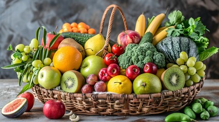 Fruit and vegetable basket with a variety of fresh fruits, vegetables, and nuts on a wooden background