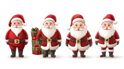 Obraz premium Four cheerful cartoon Santas, one with gifts.