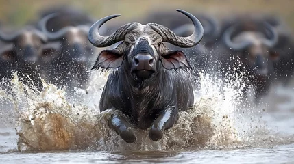 Printed roller blinds Buffalo herd stampeding through river A massive herd of Cape buffalo thundering through a shallow river water exploding around their hooves intense energy captured with RED Komodo 6K 300mm lens