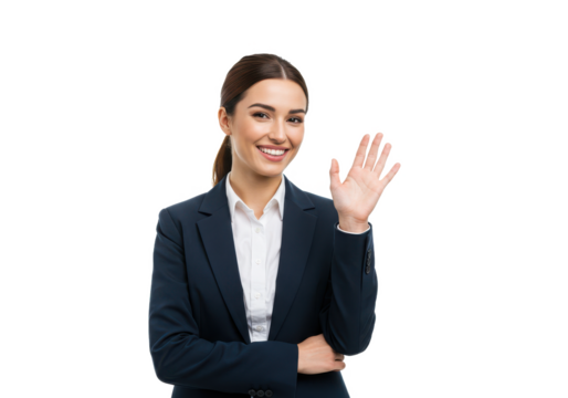 Happy successful businesswoman saying hello, waving hand and smiling, greeting clients isolated on White background