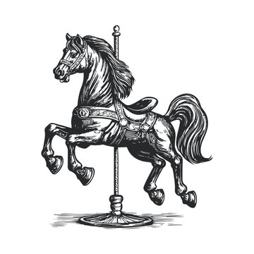 Vintage Woodcut Carousel Horse Illustration in Black and White