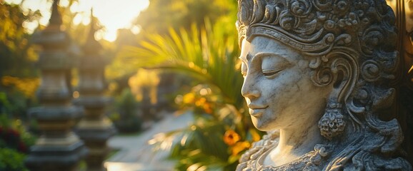 Serene Stone Sculpture in a Lush Tropical Garden at Golden Hour