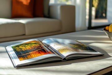 Open photo book featuring nature scenes resting on table in a bright living space