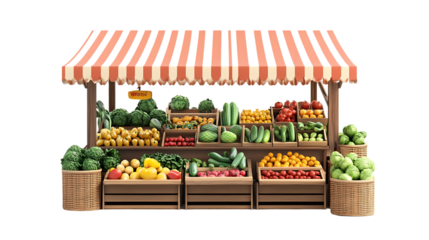The image shows a colorful produce stand displaying a variety of fresh fruits and vegetables for sale at a farmer's market.