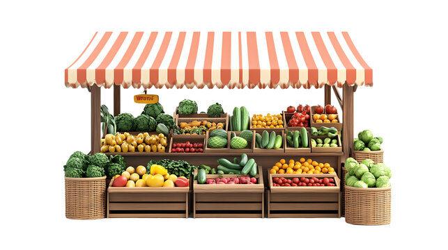 The image shows a colorful produce stand displaying a variety of fresh fruits and vegetables for sale at a farmer's market.
