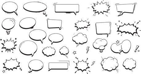 Cartoon empty retro comic style speech bubbles set with black halftone shadows. Hand drawn pop art, vintage speech clouds, thinking bubbles, and conversation text elements. Vector illustration
