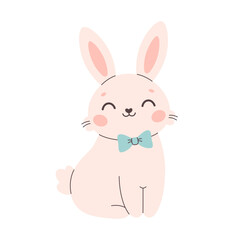 Cute bunny with bow tie. Design for stickers, cards, posters, banners, scrapbooking. Vector illustration in flat style