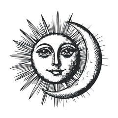 Obraz premium Vintage Woodcut Illustration of Sun and Moon in Artistic Style