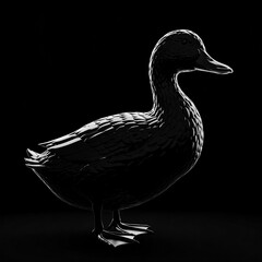  Glossy black duck against a dark background with reflective highlights accentuating its sleek texture.

