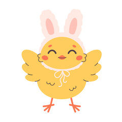 Cute chick in bunny ears costume. Design for stickers, cards, posters, banners. Vector illustration in flat style