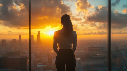 Fototapeta premium Silhouette of businesswoman gazing at city skyline during sunset with golden light