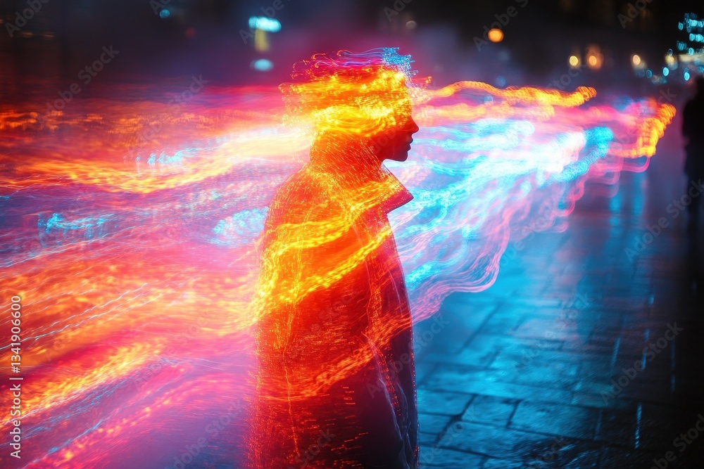 Poster fluorescent colors blend in captivating motion creating a vibrant wave of light and energy at twilig